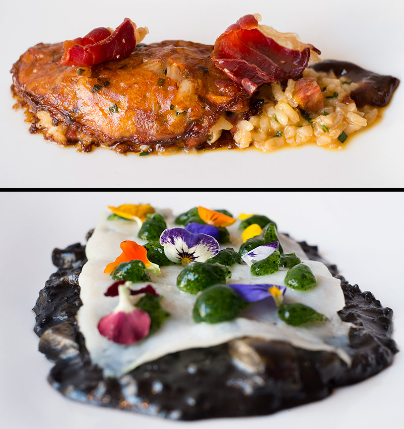 Socarrat de ibéricos y Arroz negro con plancton y vieira